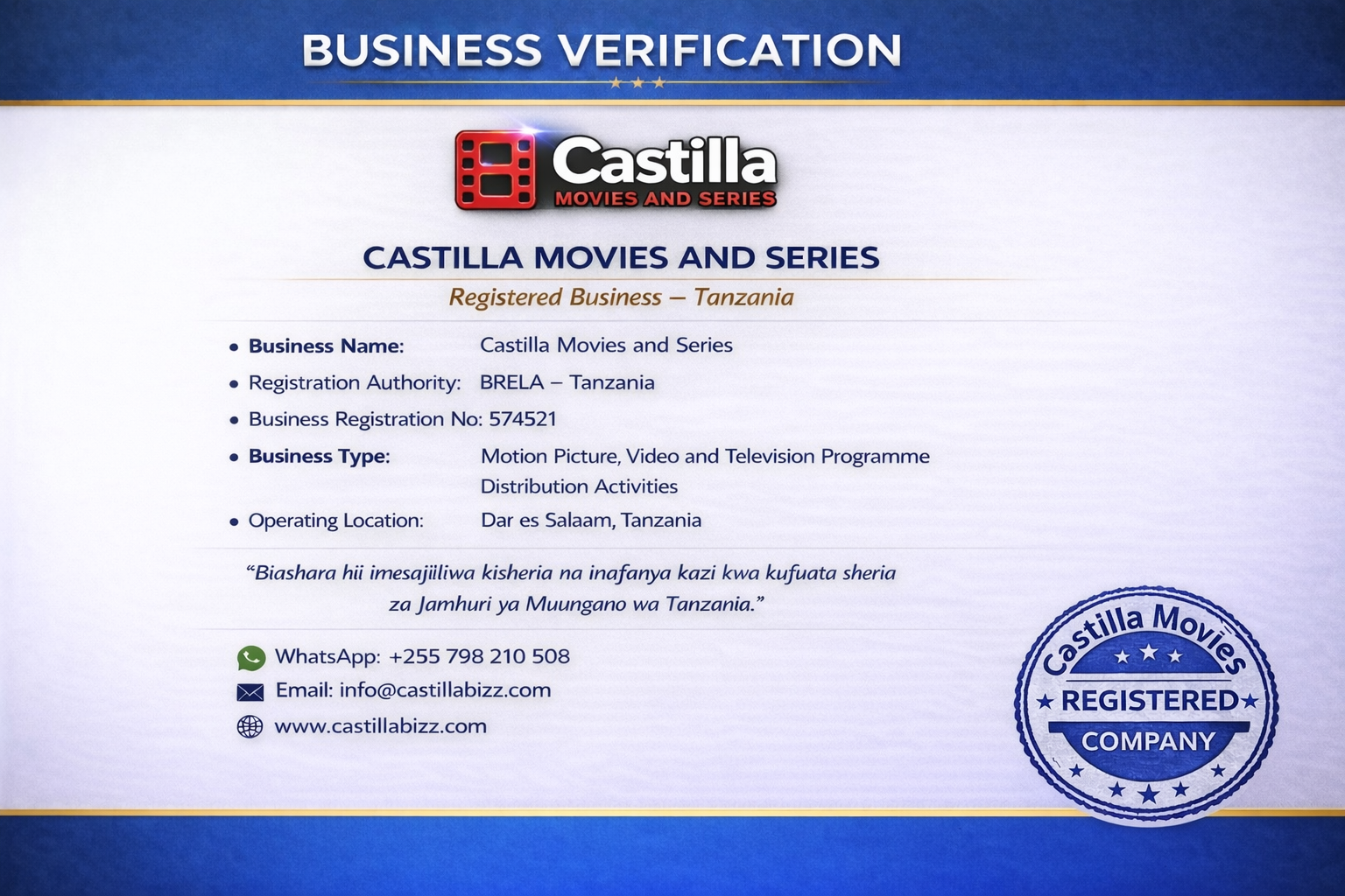 Business Verification Certificate